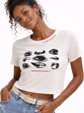 Y2K Graphic Baby Tee Eye Print Crop Top, Boho Indie Streetwear White Soft Tee M